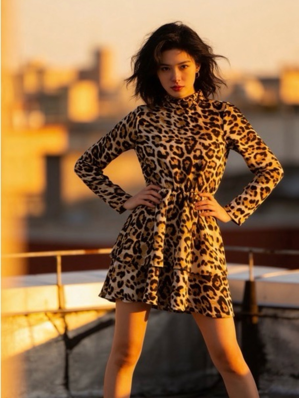 Leopard Print Long-Sleeve Tiered Mini Dress - 4